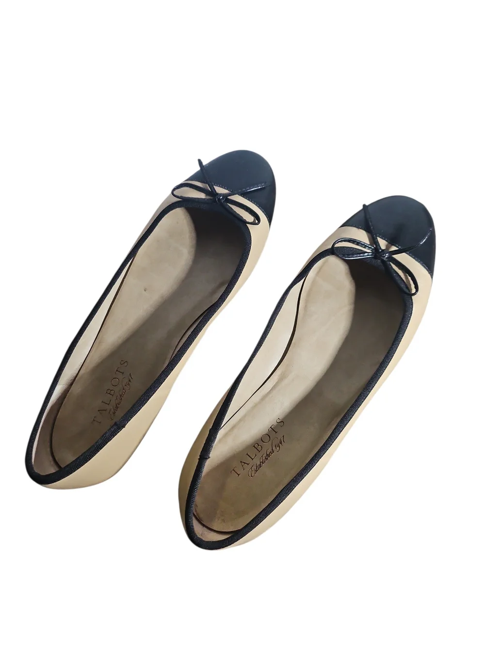 Talbots Beige and Black Round-Toe Ballet Flats with Bow